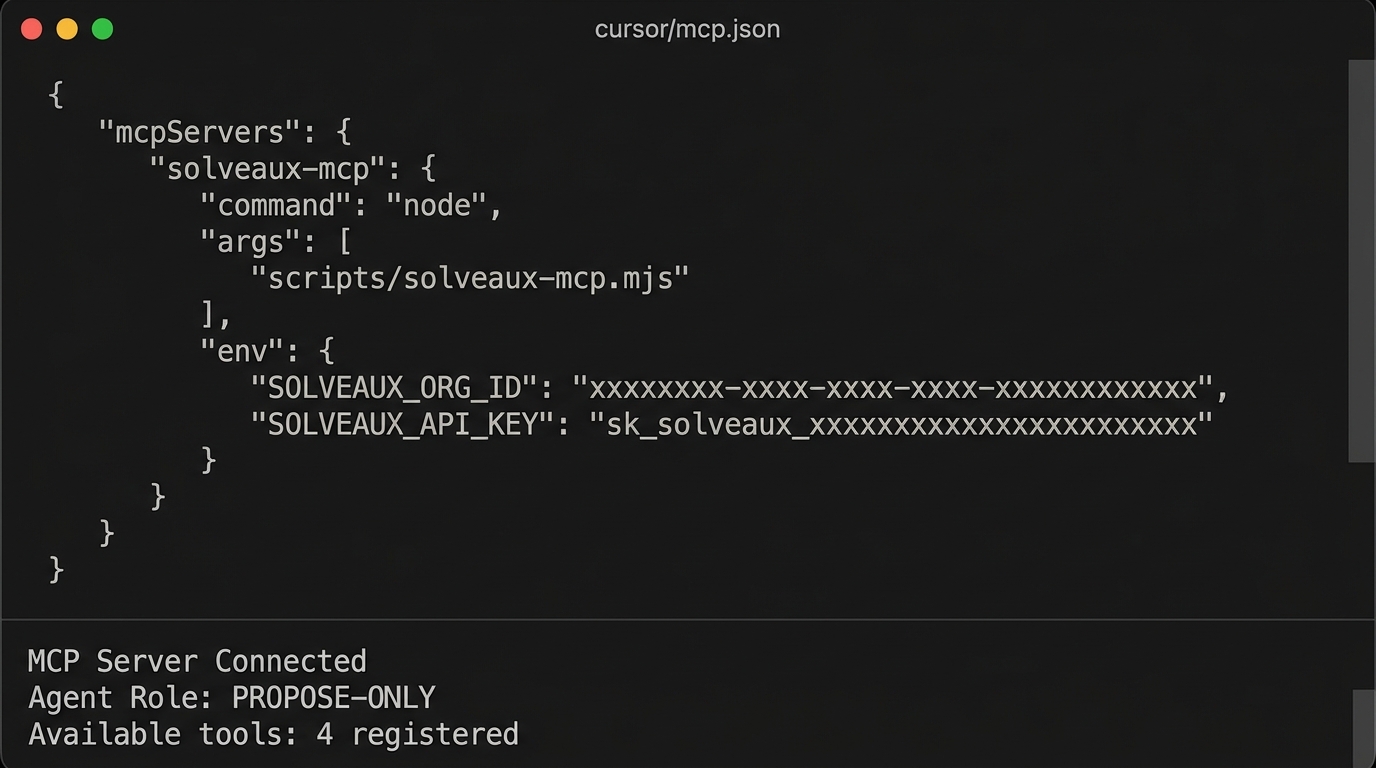 Solveaux MCP Server terminal configuration for Cursor